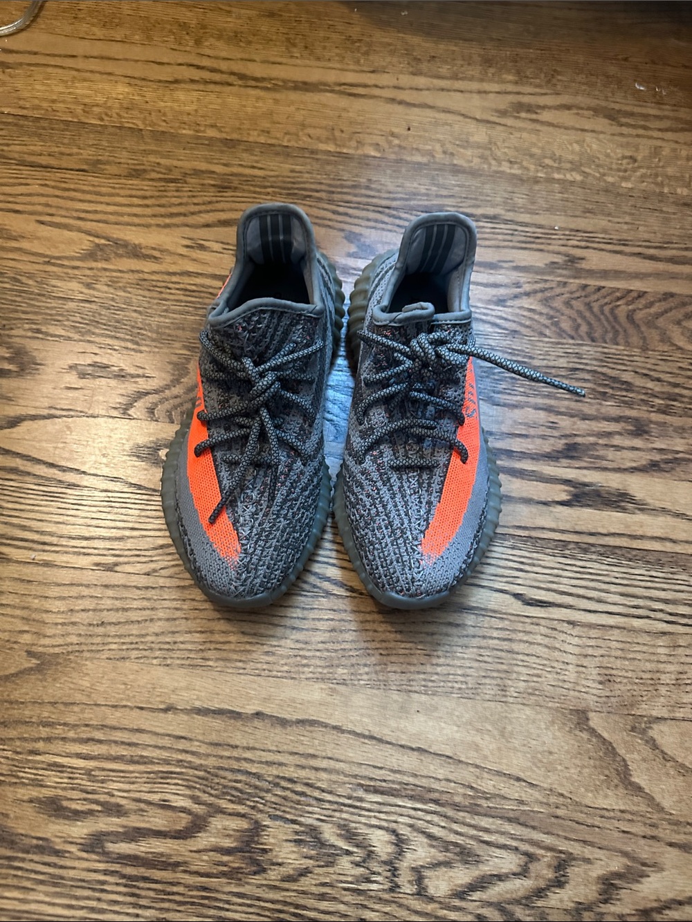 Yeezy Boost Sneakers in Gray with Orange Stripe